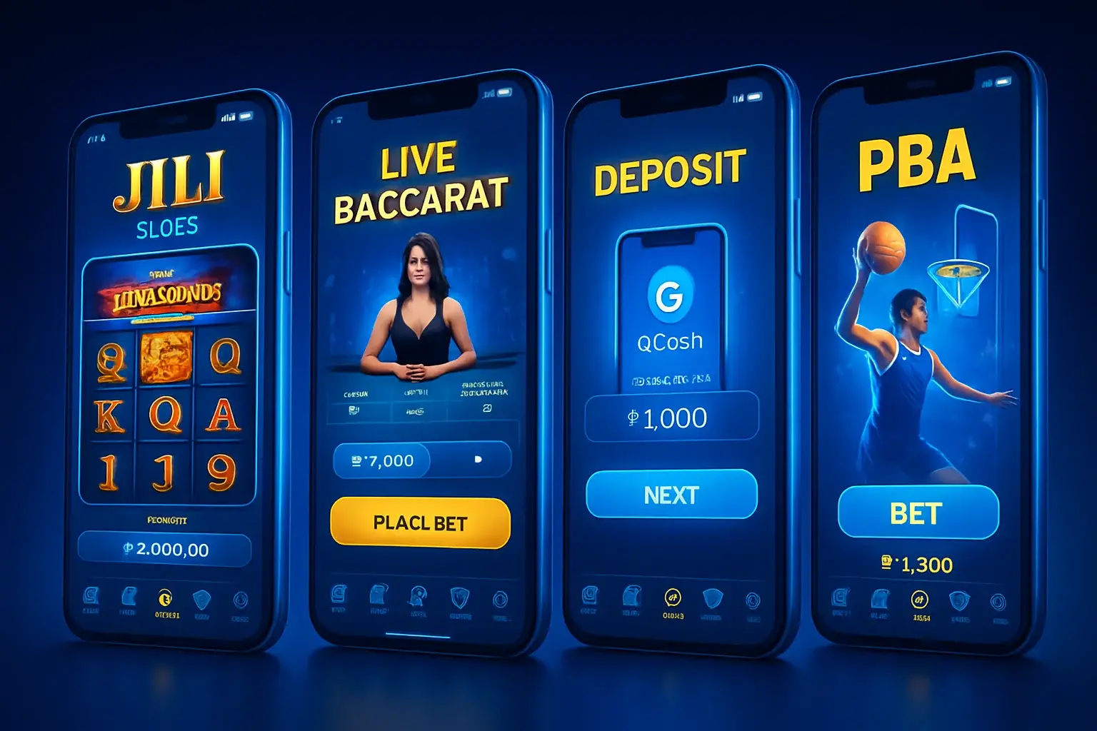 Multiple Android screens showing Philippine casino app with slots, baccarat, GCash, sports betting