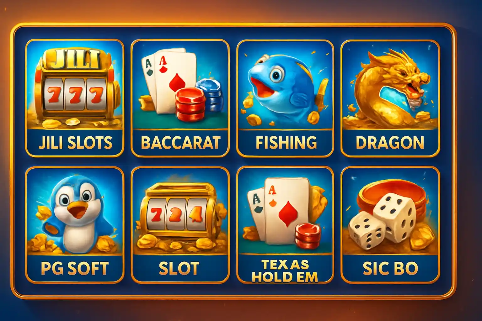 Colorful grid of Philippine casino game thumbnails with blue and gold UI