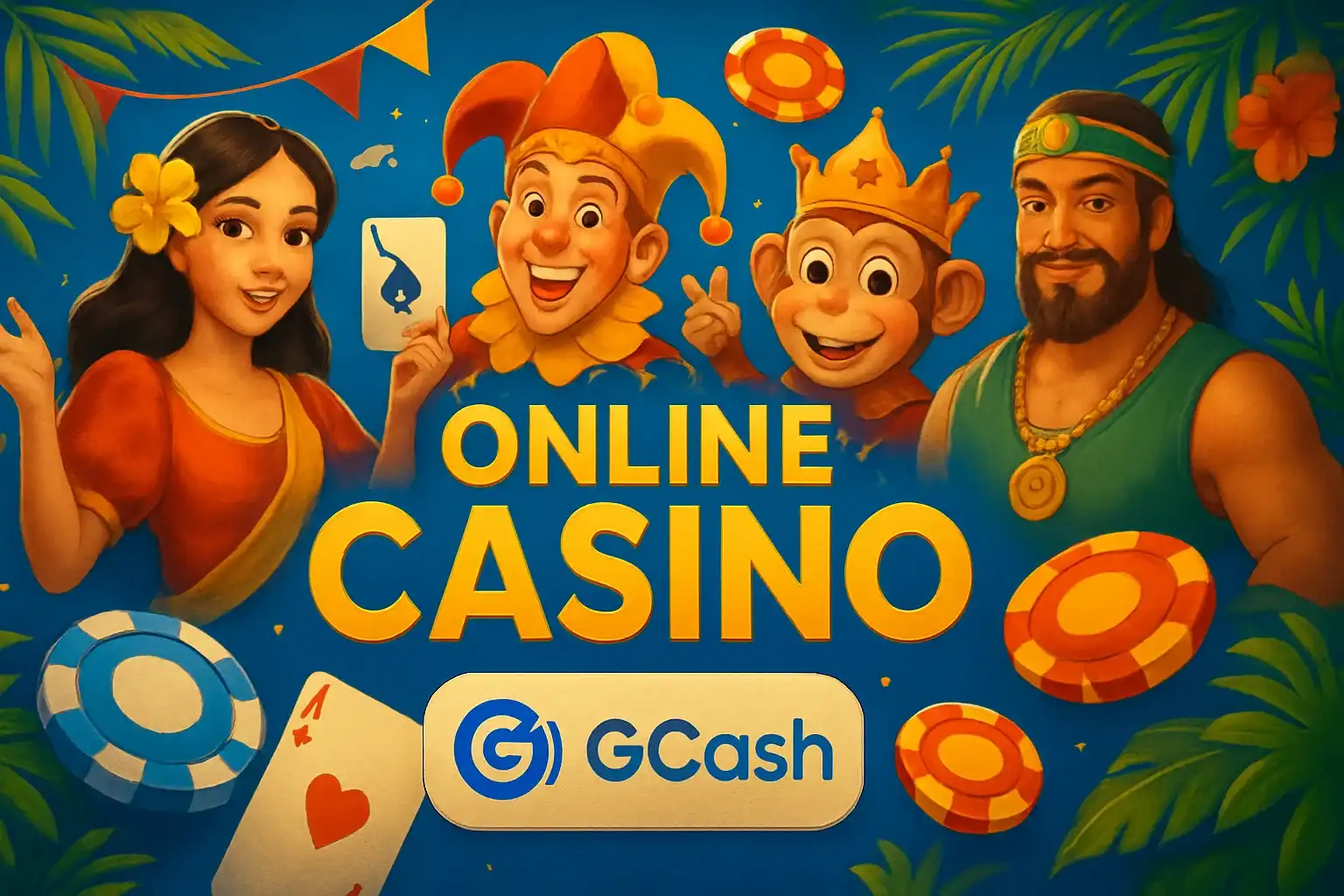 Vibrant Philippine online casino hero banner with JILI characters and GCash badge