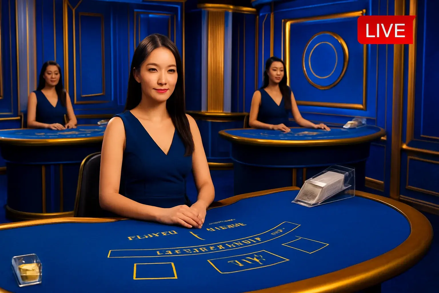 Elegant live casino studio with Asian dealers, baccarat and blackjack tables