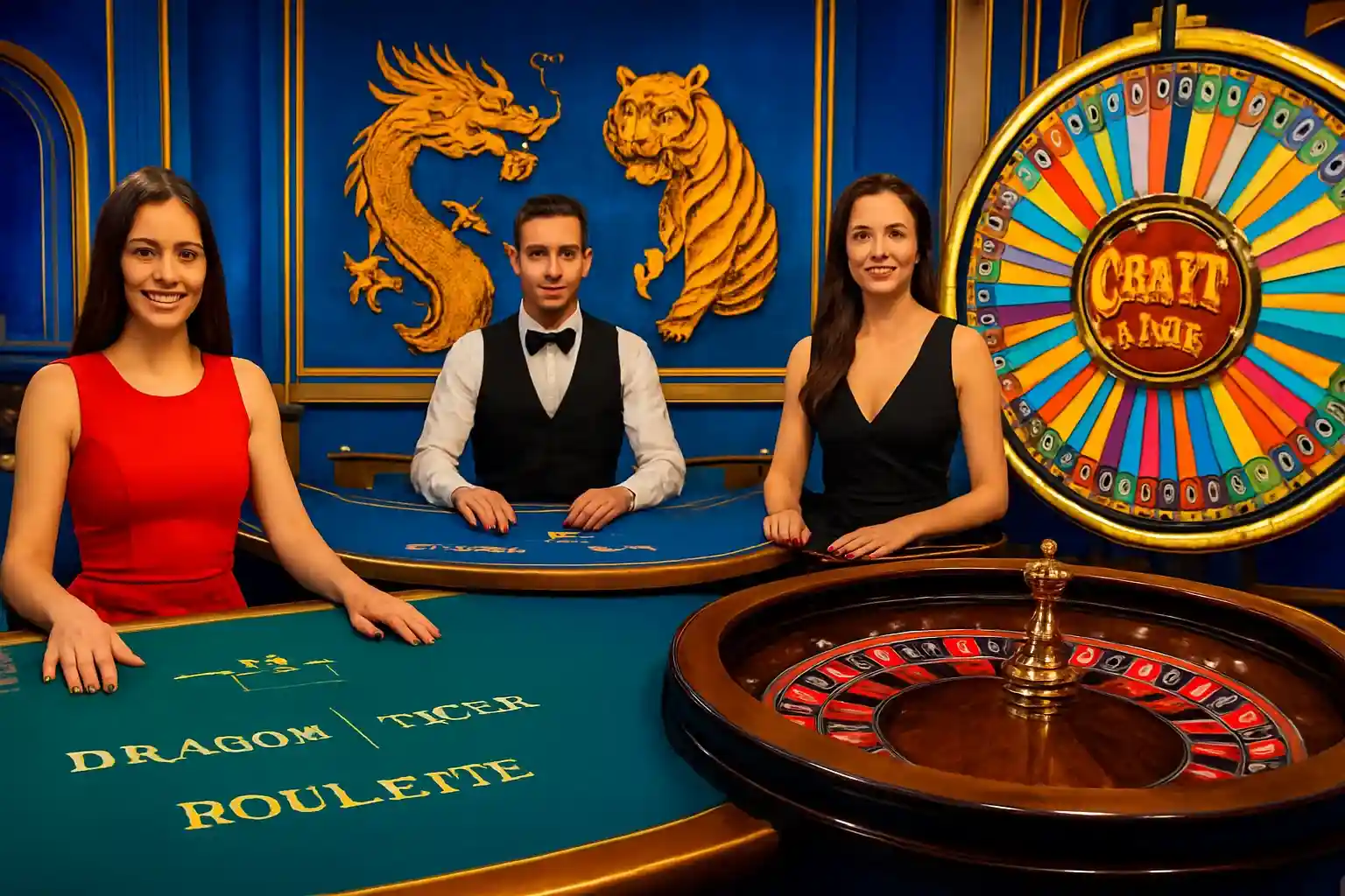 Live casino game cards with baccarat, roulette, Crazy Time, and dealers