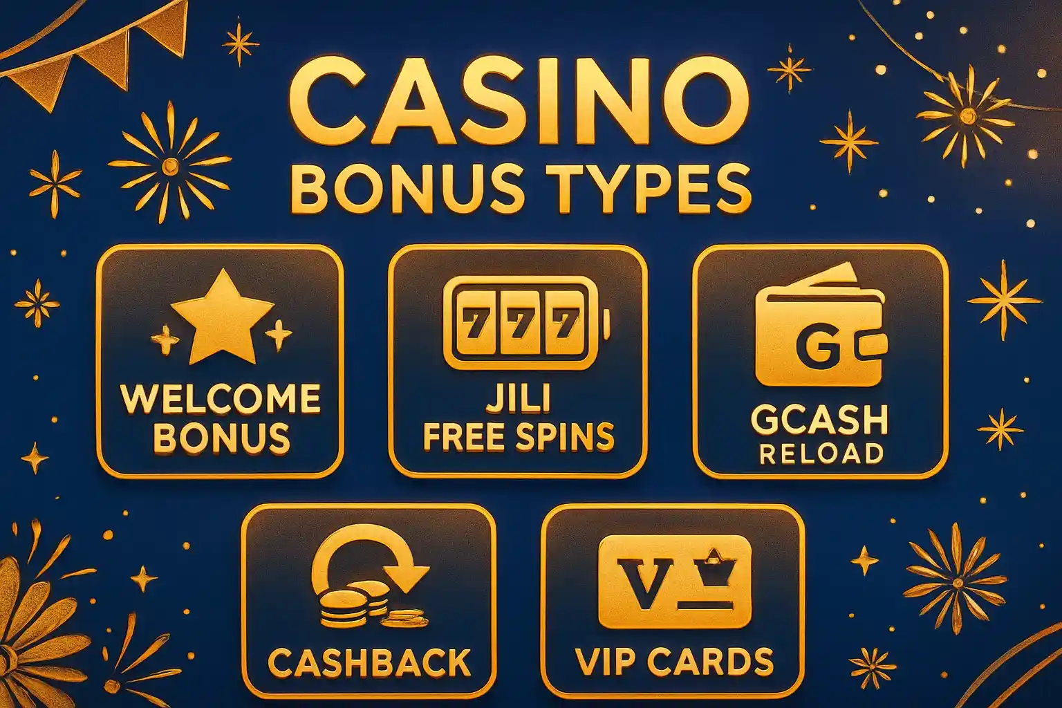 Welcome bonus, JILI free spins, GCash reload, cashback and VIP cards display
