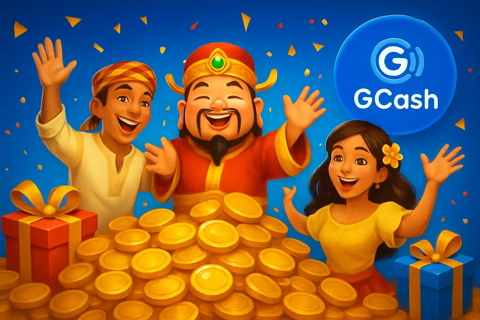 Philippine casino promotions banner with gold coins, gift boxes, GCash badge, JILI characters