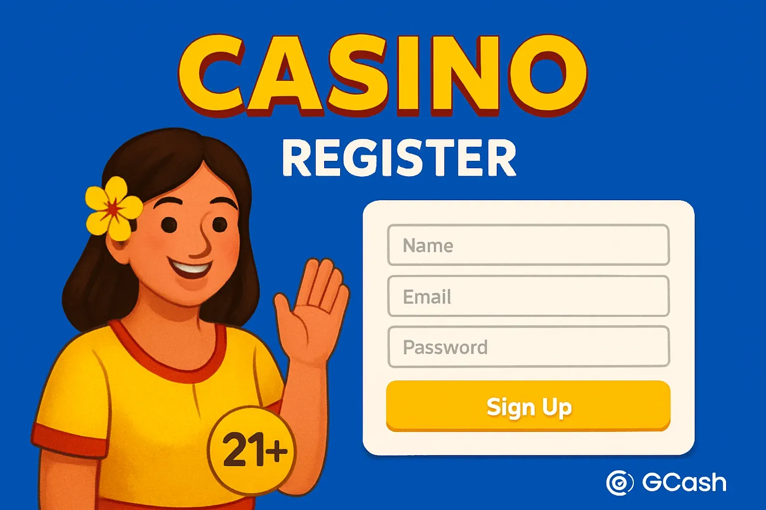 Philippine casino registration page with GCash logo and gold 21+ badge