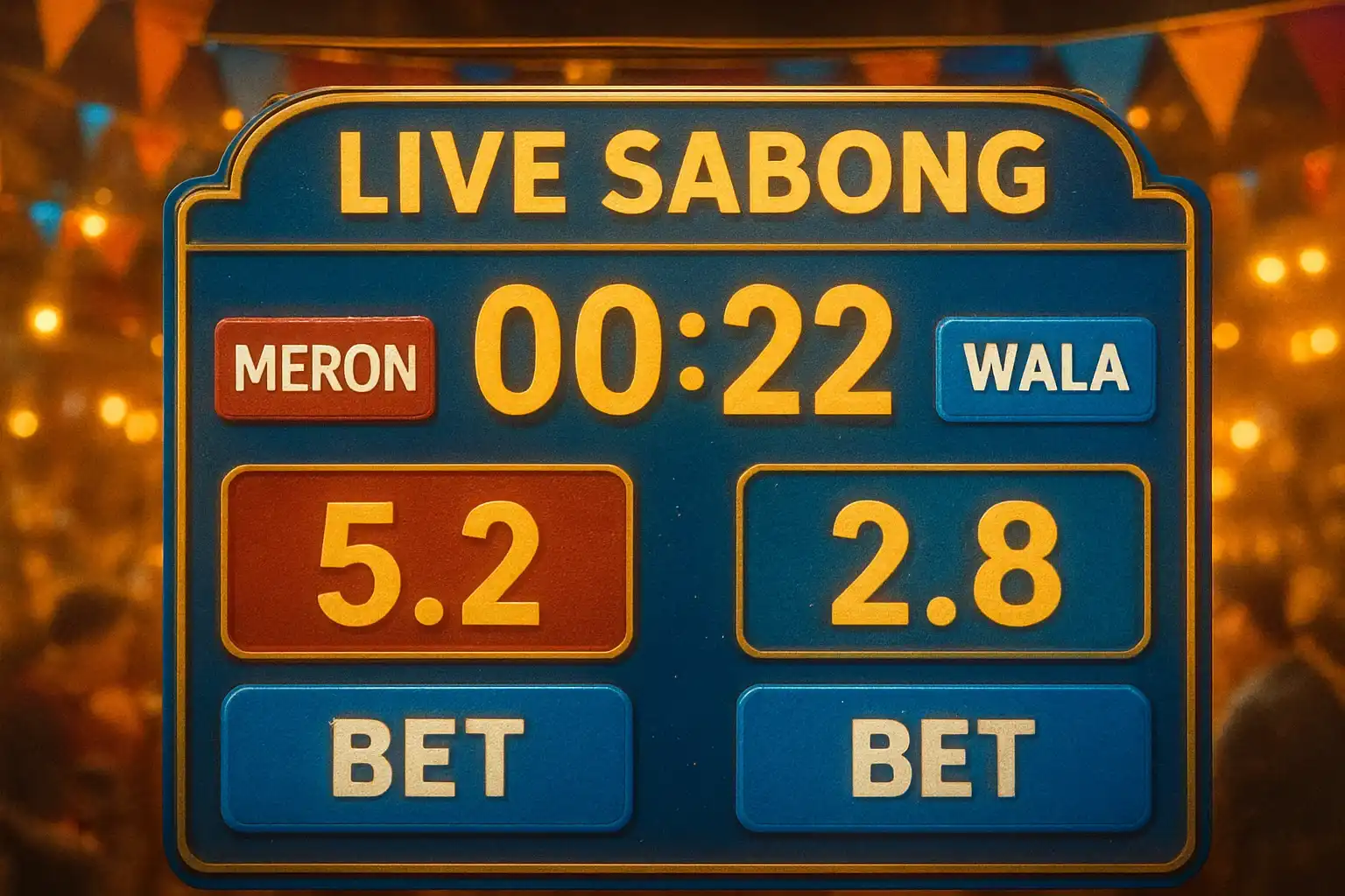 Live sabong countdown timer with Meron vs Wala betting panel and GCash badge