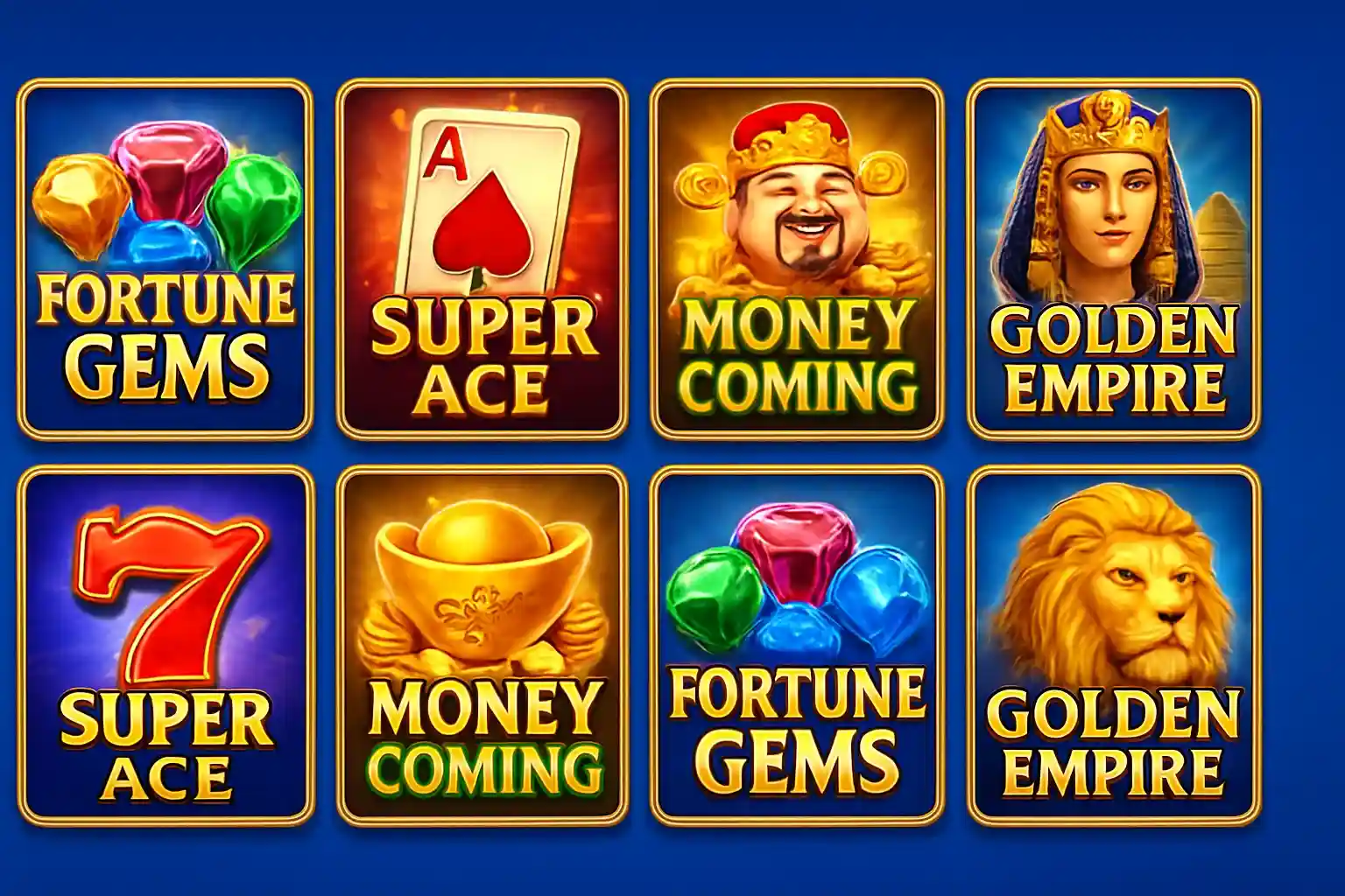 Grid of JILI and PG Soft slot thumbnails on blue gold background