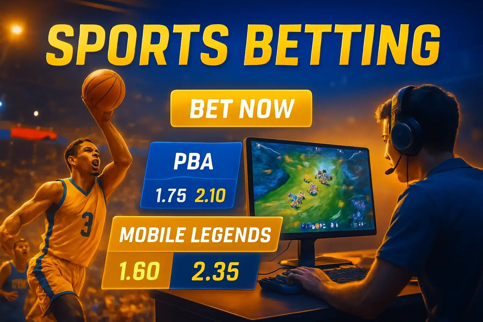Dynamic Philippine sports betting banner with PBA action and Mobile Legends overlay